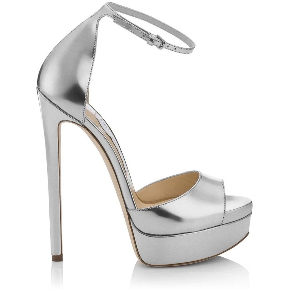 New Jimmy Choo Max 150 Metallic Silver Fabric Platform Stiletto Sandals